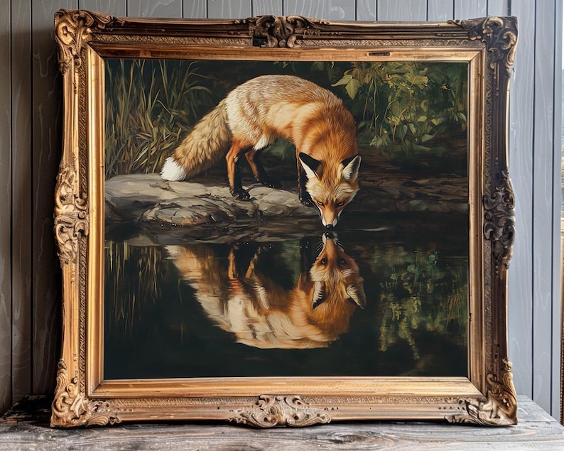 May include: A framed painting of a fox drinking from a body of water. The fox has reddish-orange fur and is reflected in the water. The painting is in a gold ornate frame, with a dark background of foliage.