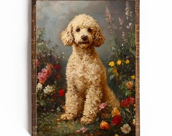 May include: A vintage oil painting of a white poodle sitting in a field of flowers. The dog is looking directly at the viewer with a serious expression. The flowers are in bloom and are a variety of colors, including pink, yellow, and red.