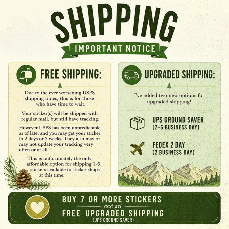 Puede incluir: Un gr&aacute;fico informativo titulado SHIPPING IMPORTANT NOTICE con dos columnas. La columna izquierda detalla FREE SHIPPING con un icono de buz&oacute;n. La derecha detalla UPGRADED SHIPPING con un icono de cami&oacute;n, opciones de UPS y FedEx sobre arte de monta&ntilde;as.