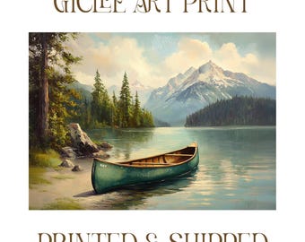 Vintage Canoe Art Print, Green Canoe, Mountain Lake Giclee