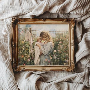 May include: A framed painting of a mother and child in a garden setting. The mother is holding the child in her arms and they are both looking down. The painting is done in a soft, muted palette of greens, blues, and pinks.