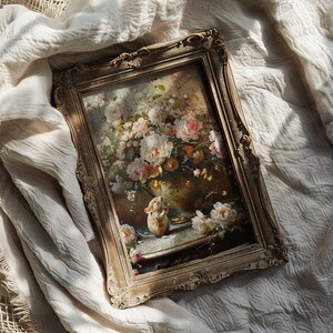 May include: A framed painting of a white mouse looking up at a bouquet of pink and white roses in a vase. The painting is in a vintage-style ornate frame.
