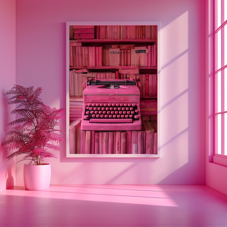 K&ouml;nnte beinhalten: Eine rosafarbene Vintage-Schreibmaschine steht auf einem Regal voller rosa B&uuml;cher. Die Schreibmaschine hat eine rosafarbene Tastatur und ein rosafarbenes Geh&auml;use. Das Regal steht an einer rosafarbenen Wand.