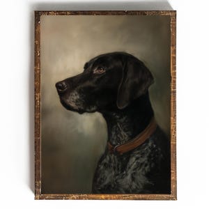 May include: A framed portrait of a black dog with a brown leather collar. The dog is facing left, with a dark coat and speckled markings. The background is a muted green and brown, and the frame is a distressed brown.