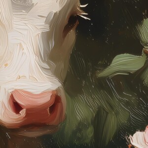 May include: Close-up of a painting featuring a cow's face with a pink nose and white fur. The background includes green foliage and hints of pink flowers, creating a pastoral scene with a soft, artistic style.