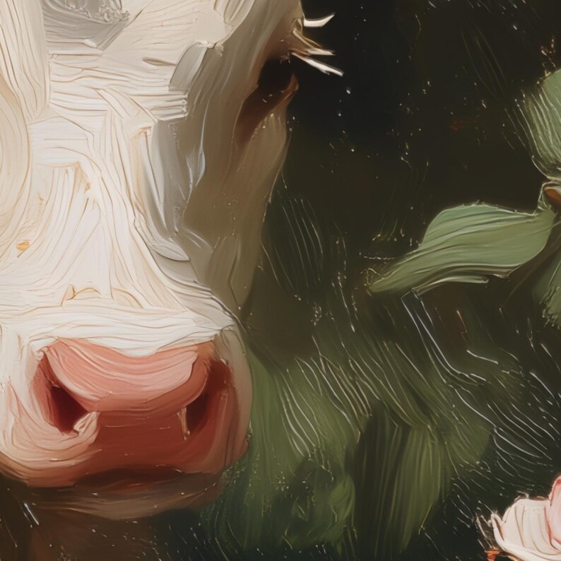May include: Close-up of a painting featuring a cow's face with a pink nose and white fur. The background includes green foliage and hints of pink flowers, creating a pastoral scene with a soft, artistic style.