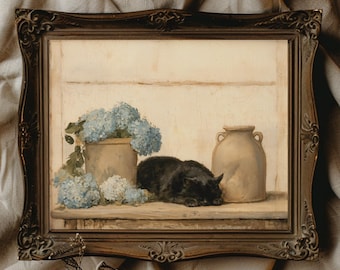 Black Cat Canvas Print | Cottagecore Blue Hydrangea Vintage Farmhouse Art