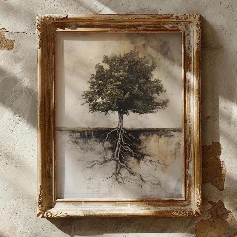May include: A framed watercolor painting of a tree with its roots exposed. The tree is depicted in a light brown frame with a white background. The roots are a dark brown and spread out in a radial pattern.