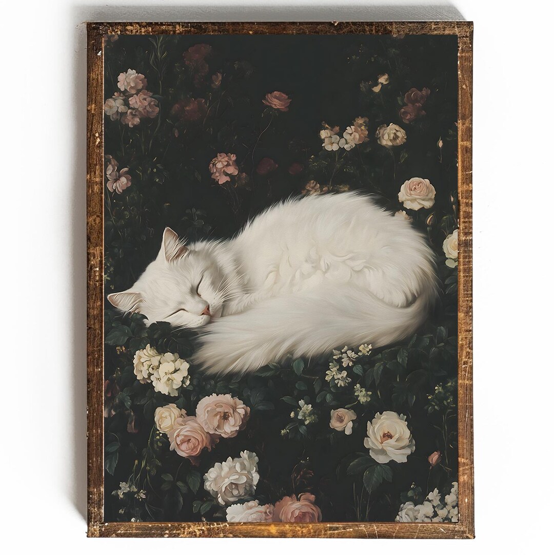White Cat Printable Cottagecore Cat Wall Art Dark Academia Cat Art Gift ...