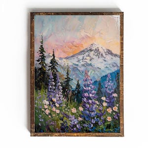 Impression du mont Rainier, affiche du parc national du mont Rainier, art mural lupin, impression de l'état de Washington, peinture de montagne, cadeau imprimable pour voyageur