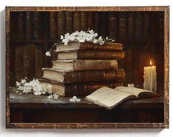 May include: A still life painting of a stack of old books with a single lit candle and white blossoms on a wooden table. The books are bound in leather and have a worn, antique look.