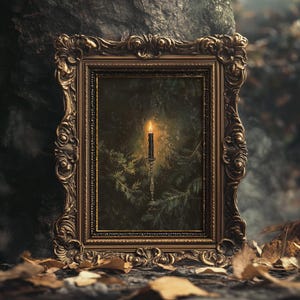 May include: A vintage-style gold frame with ornate details holds a painting of a candle burning in a dark forest. The candle is lit and casting a warm glow on the surrounding trees.
