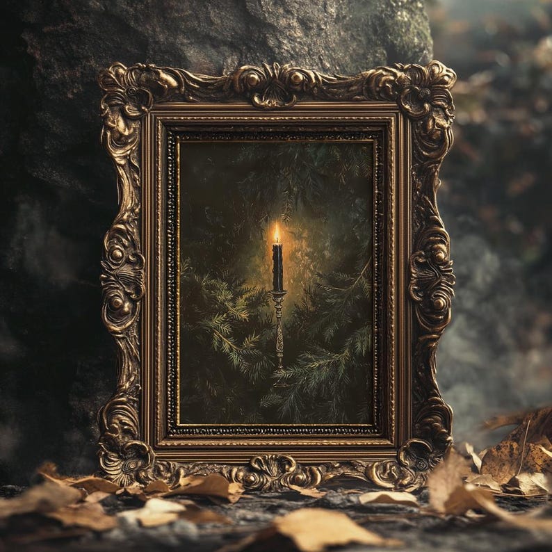 May include: A vintage-style gold frame with ornate details holds a painting of a candle burning in a dark forest. The candle is lit and casting a warm glow on the surrounding trees.