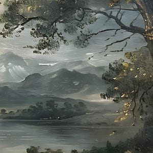 May include: A painting depicting a landscape with a lake in the foreground, mountains in the background, and trees on either side of the lake.