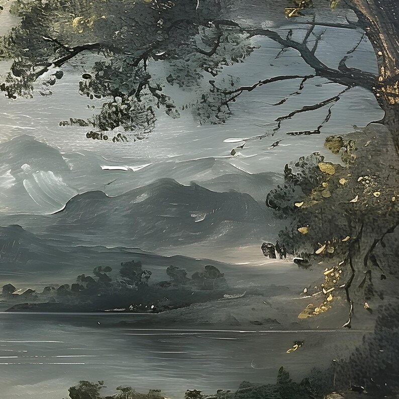 May include: A painting depicting a landscape with a lake in the foreground, mountains in the background, and trees on either side of the lake.