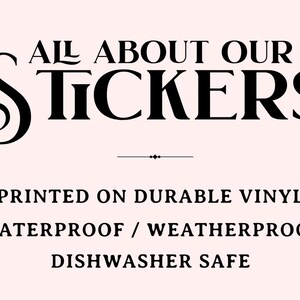 May include: Text on a light pink background reads "ALL ABOUT OUR STICKERS". Below, it states "PRINTED ON DURABLE VINYL, WATERPROOF / WEATHERPROOF, DISHWASHER SAFE". The text is in black.