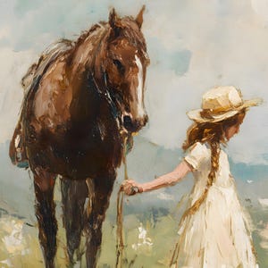 May include: A young girl in a white dress and straw hat leads a brown horse through a field of green grass and white flowers.