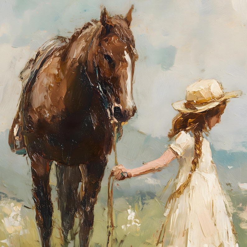 May include: A young girl in a white dress and straw hat leads a brown horse through a field of green grass and white flowers.