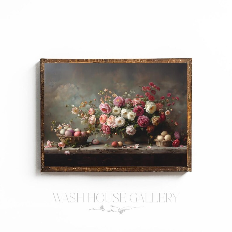May include: A vintage-style painting of a bouquet of pink, white, and red roses in a vase. The bouquet is surrounded by a few scattered eggs in a basket and on a table.