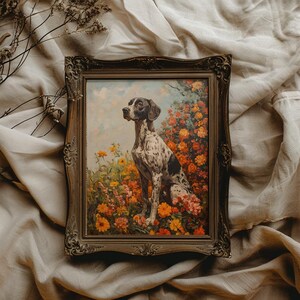 May include: A framed painting of a black and white dog sitting in a field of colorful flowers. The dog is looking to the left of the frame. The painting is in a brown wooden frame.