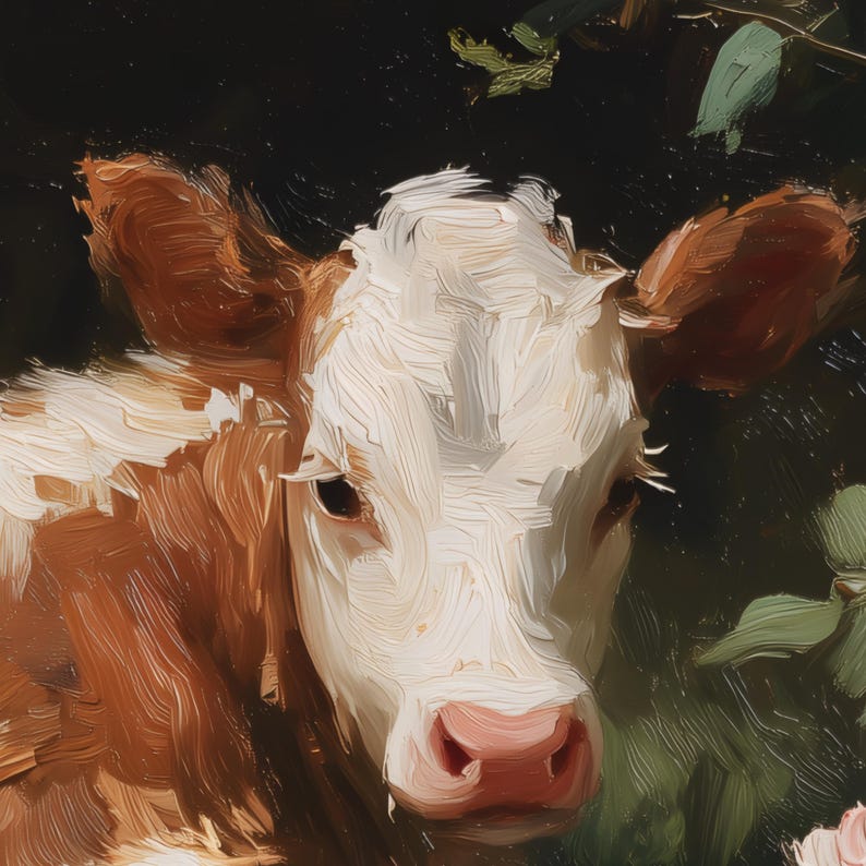 May include: Close-up of a cow's face, painted with visible brushstrokes. The cow has a white face with brown patches around the ears and eyes. The nose is pink, and the background is dark green with hints of foliage.
