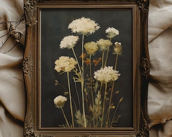 May include: A framed pressed flower art piece featuring white Queen Anne's Lace flowers on a dark background.