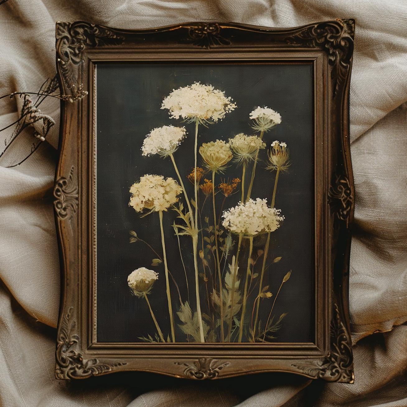 Queen Annes Lace Print Vintage Botanischer Druck Cottagecore Wildblumen Wandkunst Dark Academia Blumenwanddekor Stimmungsvolle Wandkunst für den Eingangsbereich