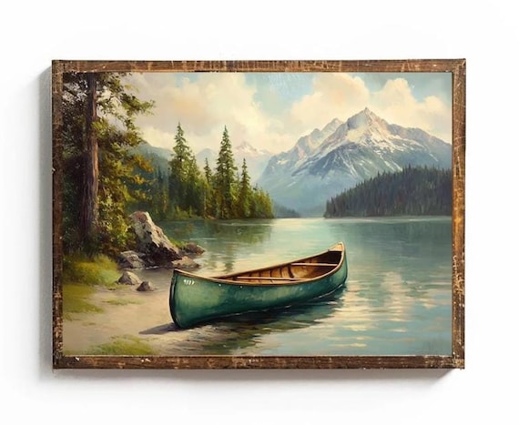 Vintage Canoe Wall Art Old Town Canoe Art Print Green Canoe Art Print Cabin Decor Mountain Lake Artwork Vintage Camping Print Outdoors