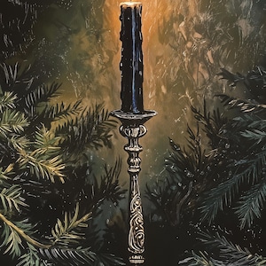 May include: A black candle on a silver candlestick with an ornate design. The candle is lit and the flame is casting a warm glow. The background is a dark green.