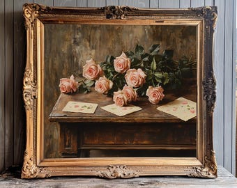 May include: A still life painting of a bouquet of pink roses on a wooden table with several handwritten notes. The roses are arranged in a loose, natural way, and the notes are scattered around them. The painting is framed in a gold frame.