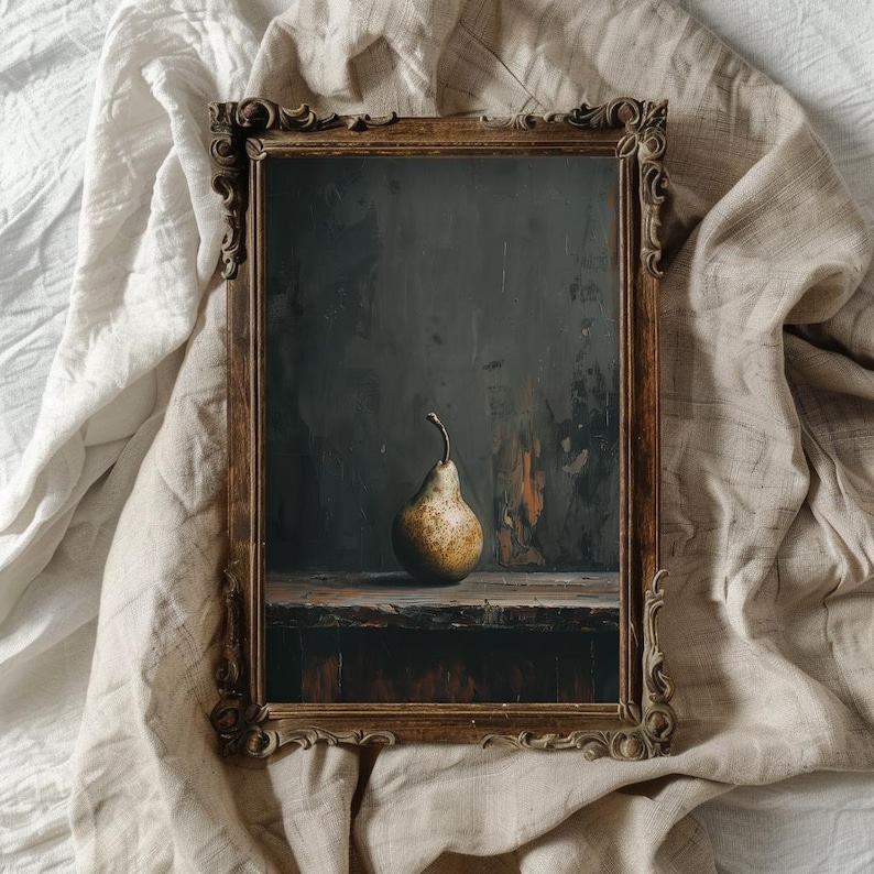 Pear Cottagecore Kitchen Wall Art Primitive Vintage Fruit Still Life Print for Rustic Farmhouse Style Kitchen Dark Moody Kitchen Art