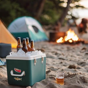 May include: A dark green rectangular cooler filled with ice and four brown glass beer bottles. The cooler features a white handle, two metal latches, and two stickers depicting a red canoe and a fish. A clear plastic cup with beer sits nearby.