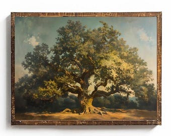 Impresión de árbol vintage, roble vivo imprimible, arte de pared cottagecore, arte del árbol de la vida, impresión botánica vintage, decoración cottagecore oscura