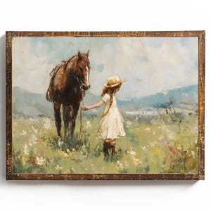 May include: A painting of a young girl in a white dress and straw hat leading a brown horse through a field of wildflowers.