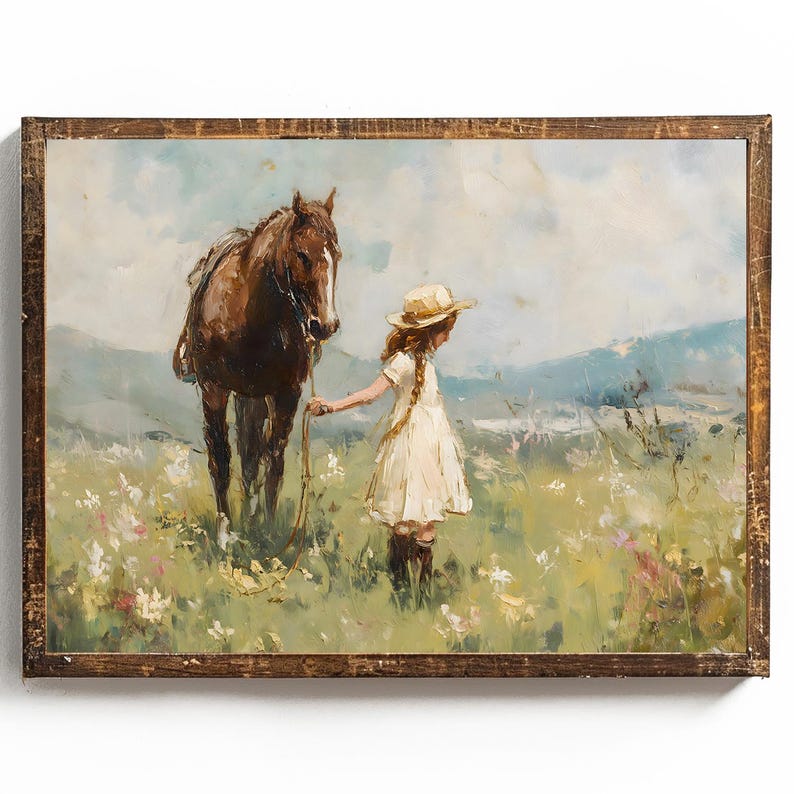 May include: A painting of a young girl in a white dress and straw hat leading a brown horse through a field of wildflowers.