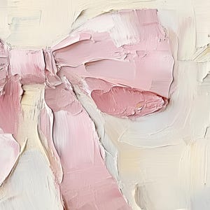 May include: A close-up of a pink bow painted with thick strokes of oil paint. The bow is tied with a long, flowing ribbon. The background is a light cream color.