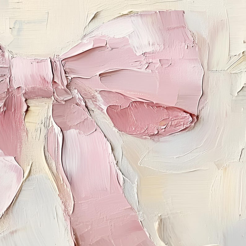 May include: A close-up of a pink bow painted with thick strokes of oil paint. The bow is tied with a long, flowing ribbon. The background is a light cream color.