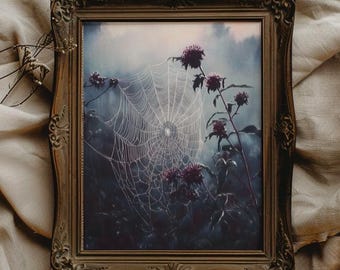 Op de afbeelding: Een vintage ingelijste print van een spinnenweb met dauwdruppels, omringd door paarse wilde bloemen tegen een mistige achtergrond.