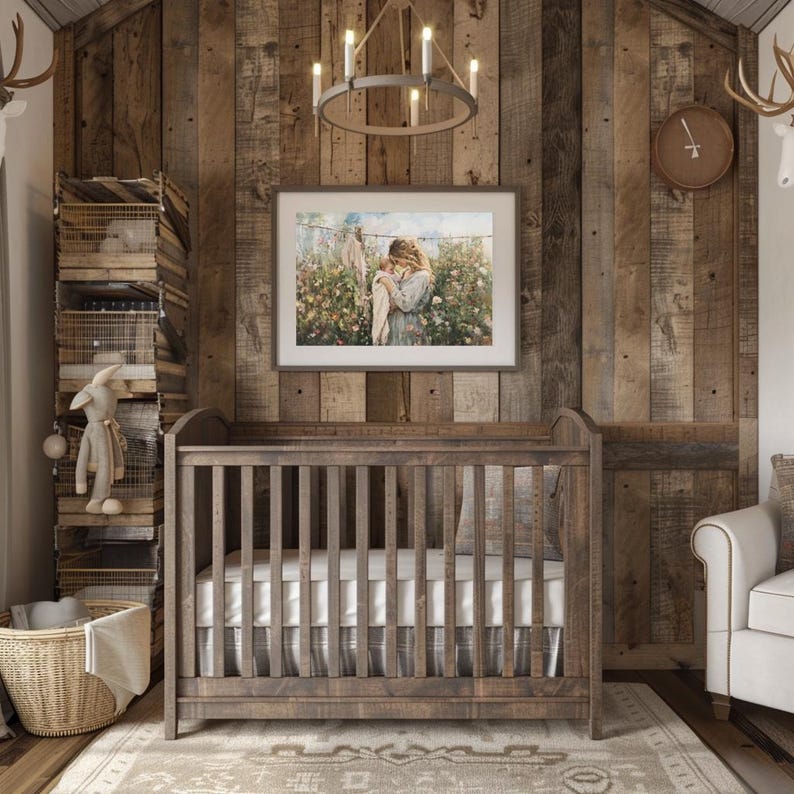 May include: A rustic wooden crib with a white mattress and a brown and white checkered crib skirt. The crib is in a room with a wooden wall and a framed picture of a woman holding a baby.