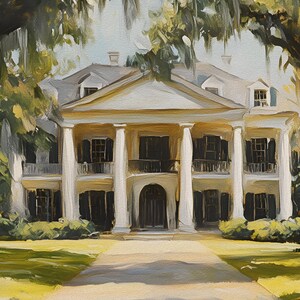 May include: A white, two-story house with a large porch and columns. The house has a green lawn and trees in the background.