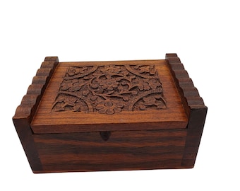 Vintage Hand Carved Wooden Box Floral Trinkets Jewelry Hinged Lid