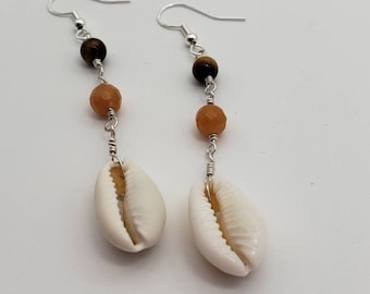 Cowrie shell, tiger eye, carnelian and sterling silver earrings