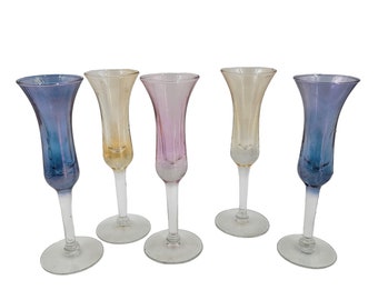 Set of 4 Vintage Multi Color Tulip Shaped Cordial Stemmed 1 oz Shot Glasses