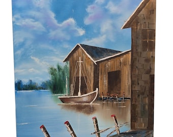 Original Boat at Dock Painting 16x20 signed Gary Nautical Nature