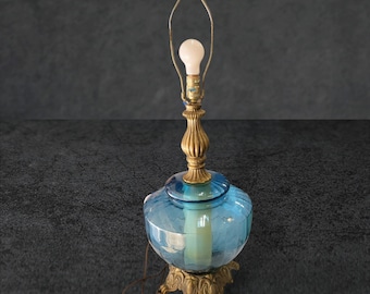 Vintage Blue Handblown Glass Brass 2-Way Table Lamp Hollywood Regency MCM