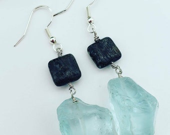 Aquamarine glass and Kyanite earrings