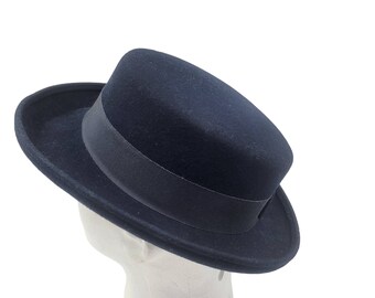 1960s Tina Too Bollman Hat Navy Wool Doeskin Felt Wide Brim Vintage Fedora hat 22.5in retro style