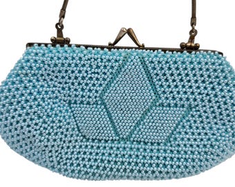 Vintage teal blue beaded clutch handbag kiss lock satin lined