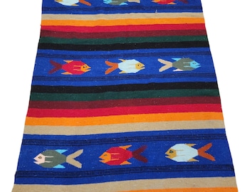 Vintage Serape Mexican Blanket Saltillo Southwestern Fish Design 80 x 45in Throw