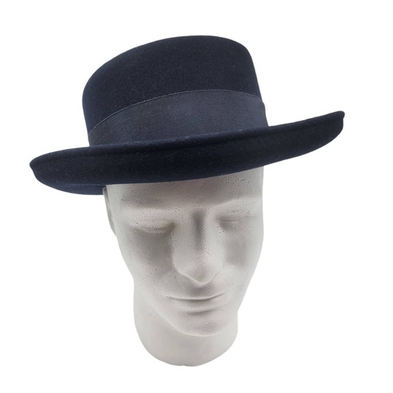 1960S Tina Too Bollman Hat Navy Wool Doeskin Felt Wide Brim Vintage 22.5in Geo W Bollman Vintage Art Deco Doeskin Navy & Red Wool Felt  main image 3